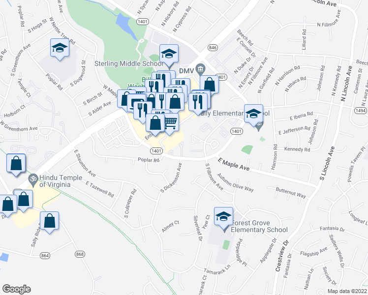 map of restaurants, bars, coffee shops, grocery stores, and more near 34 Essex Square in Sterling