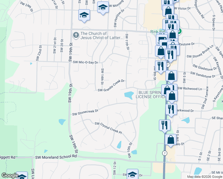 map of restaurants, bars, coffee shops, grocery stores, and more near 1304 Southwest Granite Creek Drive in Blue Springs