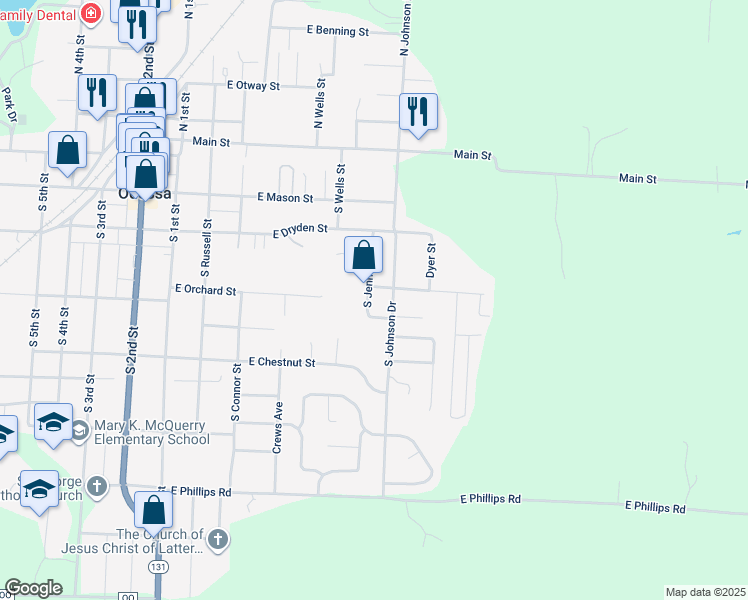 map of restaurants, bars, coffee shops, grocery stores, and more near 404 South Jennings Street in Odessa