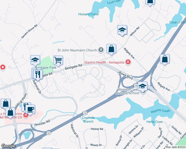 map of restaurants, bars, coffee shops, grocery stores, and more near 601 Howards Loop in Annapolis