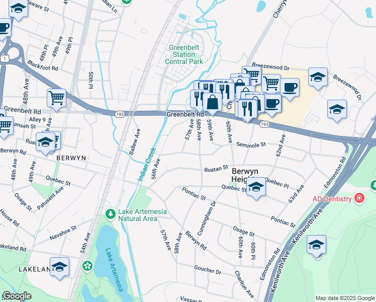 map of restaurants, bars, coffee shops, grocery stores, and more near 5702 Seminole Street in Berwyn Heights