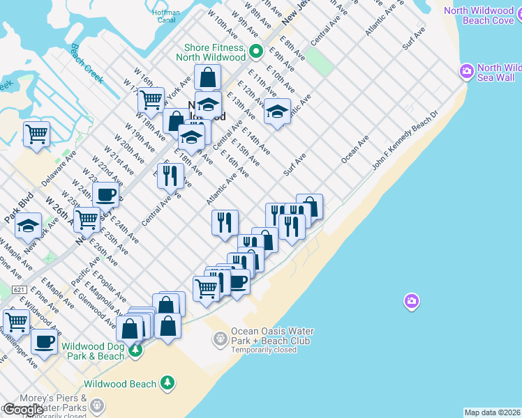 map of restaurants, bars, coffee shops, grocery stores, and more near 413 East 17th Avenue in North Wildwood