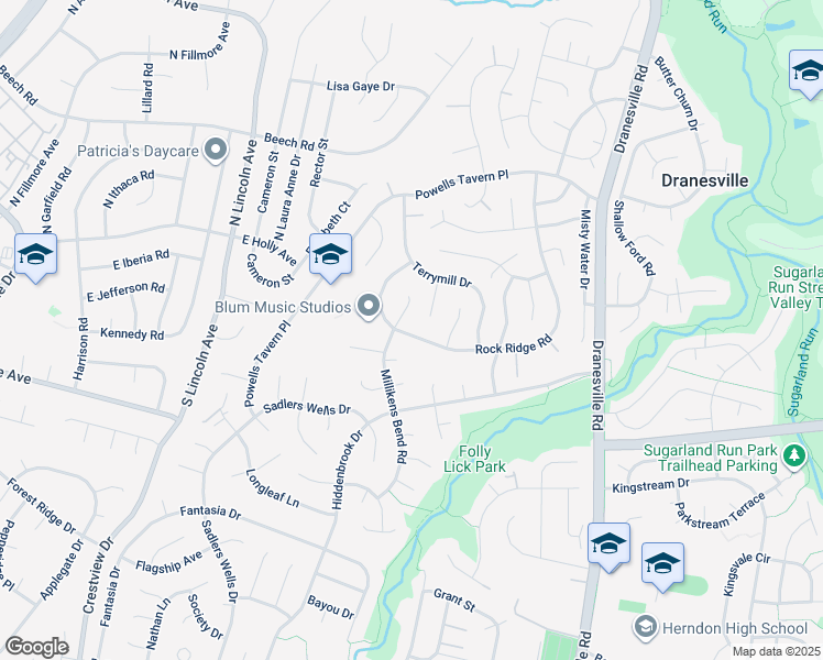map of restaurants, bars, coffee shops, grocery stores, and more near 12592 Rock Ridge Road in Herndon