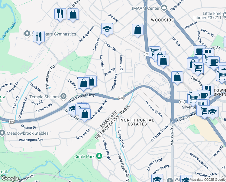 map of restaurants, bars, coffee shops, grocery stores, and more near 8511 Milford Avenue in Silver Spring