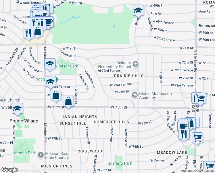 map of restaurants, bars, coffee shops, grocery stores, and more near 7321 Cherokee Drive in Prairie Village