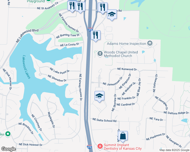map of restaurants, bars, coffee shops, grocery stores, and more near 1012 Northeast Whispering Winds Court in Lee's Summit