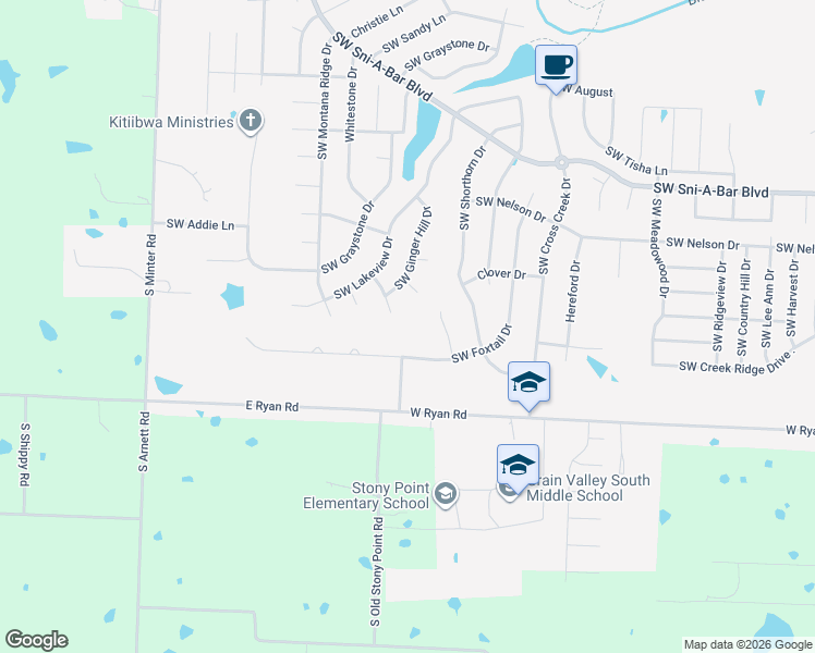 map of restaurants, bars, coffee shops, grocery stores, and more near 1008 Mountain View Court in Grain Valley