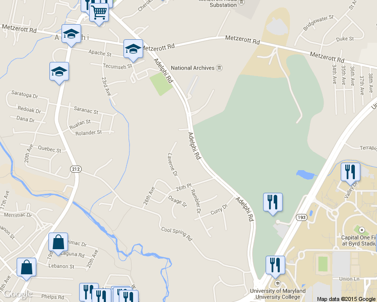 map of restaurants, bars, coffee shops, grocery stores, and more near 8520 Adelphi Road in Adelphi