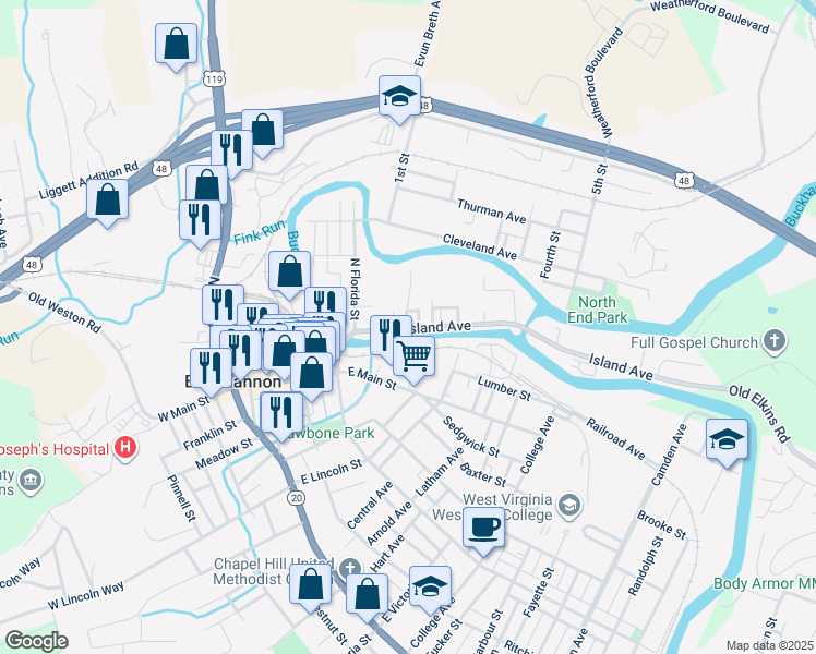 map of restaurants, bars, coffee shops, grocery stores, and more near 8 Island Avenue in Buckhannon