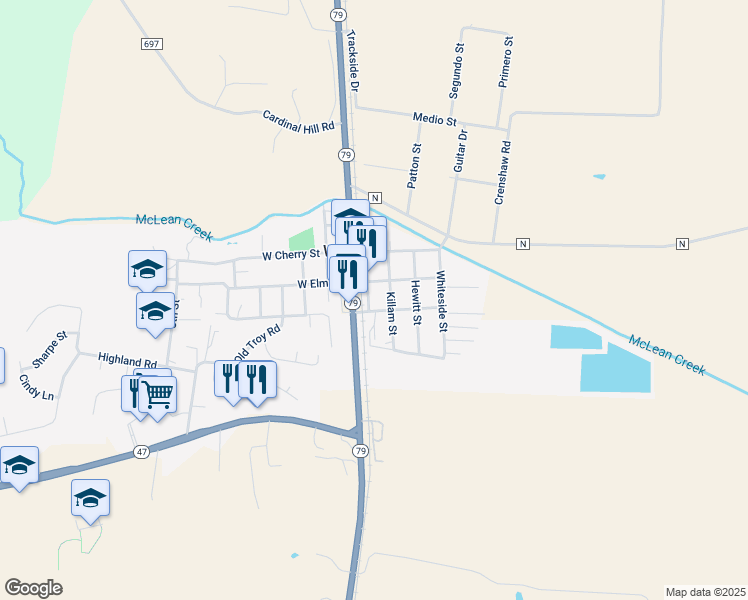 map of restaurants, bars, coffee shops, grocery stores, and more near 210 East Main Street in Winfield