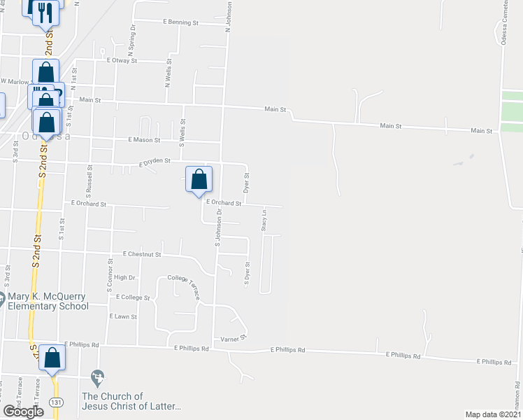 map of restaurants, bars, coffee shops, grocery stores, and more near 610 East Orchard Street in Odessa