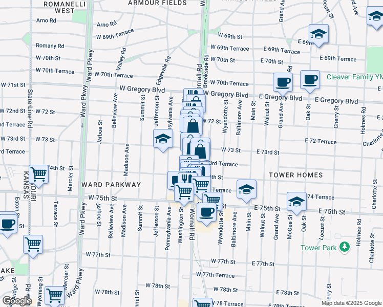 map of restaurants, bars, coffee shops, grocery stores, and more near 7300 Wornall Road in Kansas City