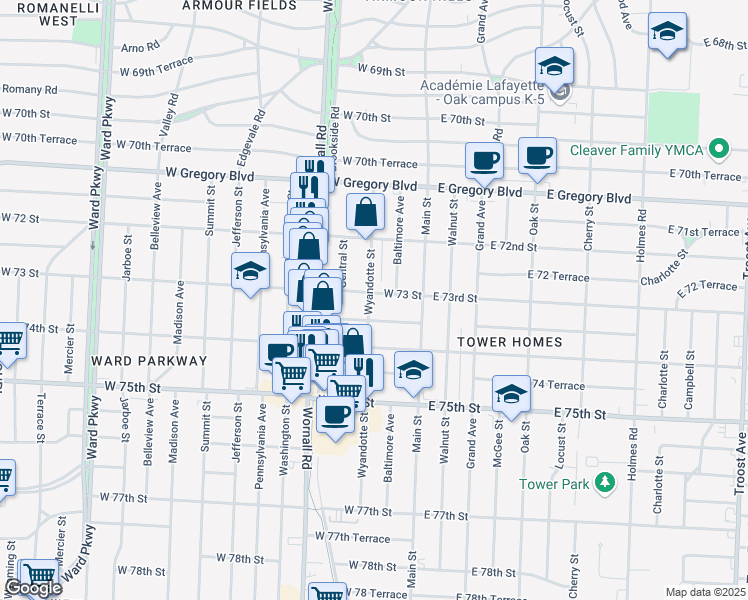 map of restaurants, bars, coffee shops, grocery stores, and more near 121 West 73 Street in Kansas City