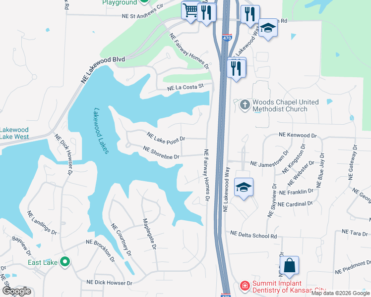 map of restaurants, bars, coffee shops, grocery stores, and more near 4605 Northeast Seabrook Lane in Lee's Summit