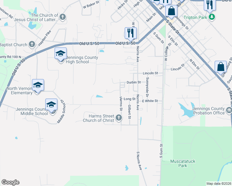 map of restaurants, bars, coffee shops, grocery stores, and more near 209 Davis Street in North Vernon