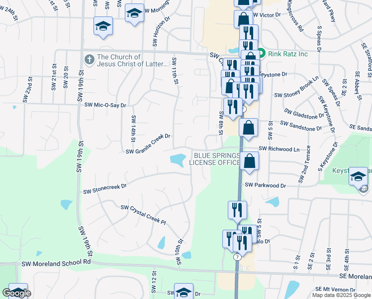 map of restaurants, bars, coffee shops, grocery stores, and more near 1004 Southwest Richwood Drive in Blue Springs