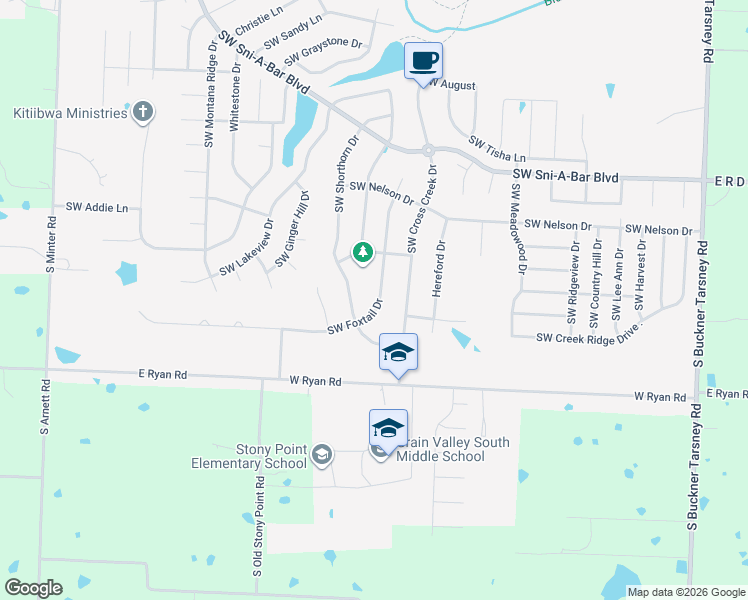 map of restaurants, bars, coffee shops, grocery stores, and more near 911 Southwest Shorthorn Drive in Grain Valley
