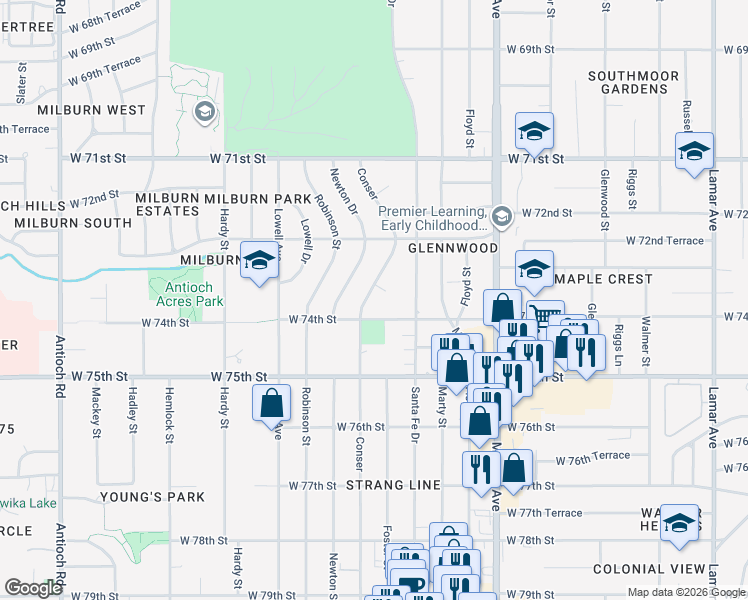 map of restaurants, bars, coffee shops, grocery stores, and more near 7315 Conser in Overland Park