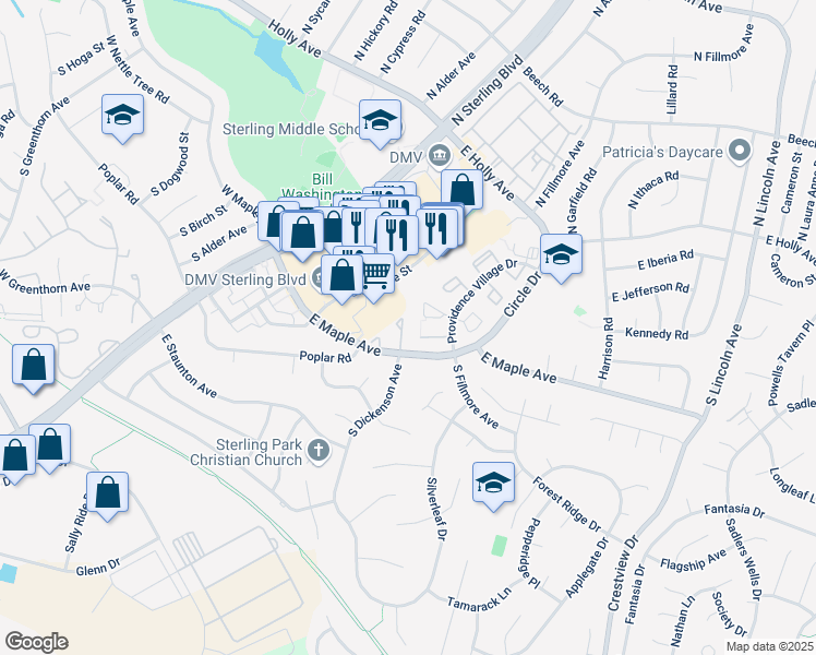 map of restaurants, bars, coffee shops, grocery stores, and more near 53 Essex Square in Sterling