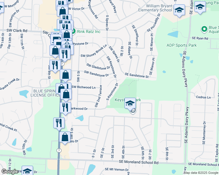 map of restaurants, bars, coffee shops, grocery stores, and more near 2215 Southwest Keystone Place in Blue Springs