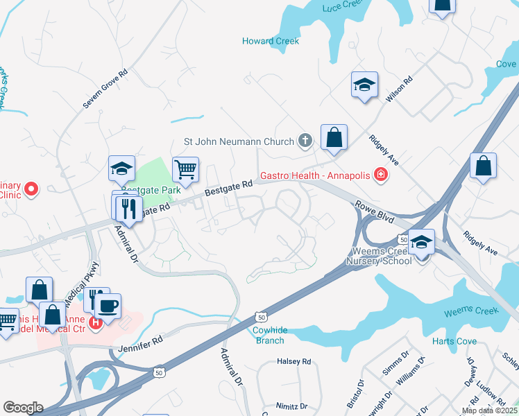 map of restaurants, bars, coffee shops, grocery stores, and more near 2047 Puritan Terrace in Annapolis