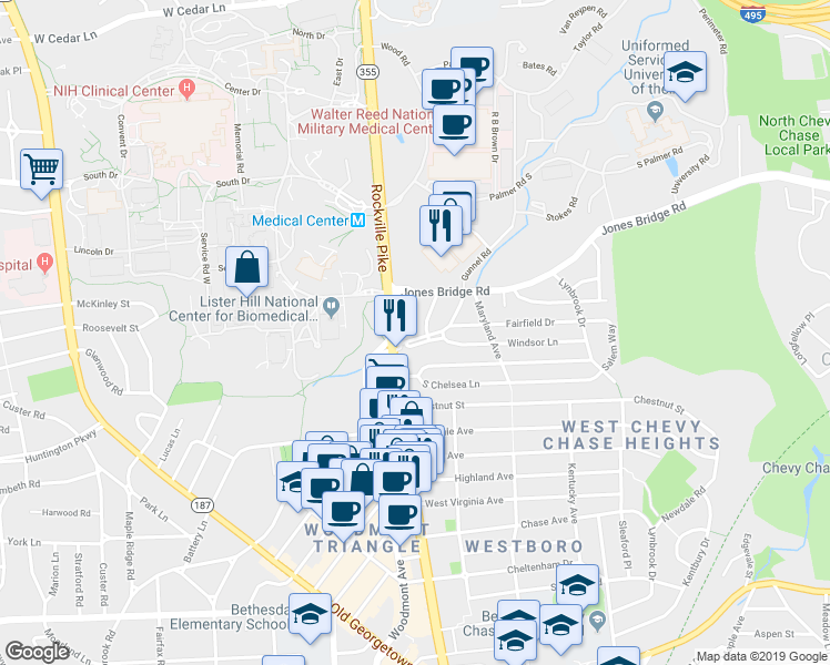 map of restaurants, bars, coffee shops, grocery stores, and more near 4703 Glenbrook Parkway in Bethesda