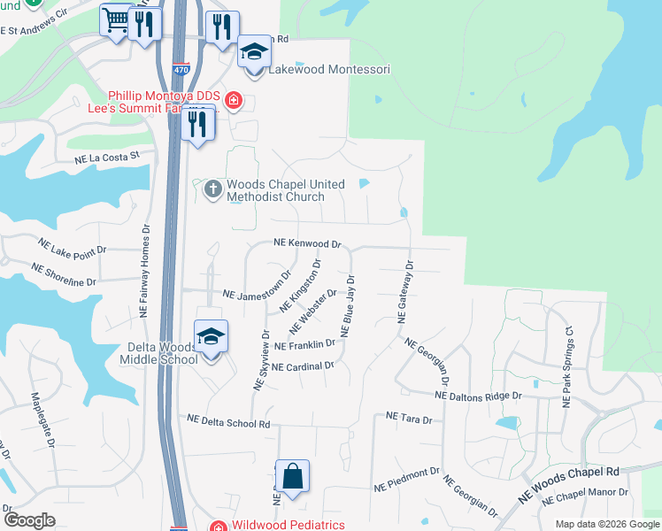 map of restaurants, bars, coffee shops, grocery stores, and more near 4609 Northeast Kingston Drive in Lee's Summit