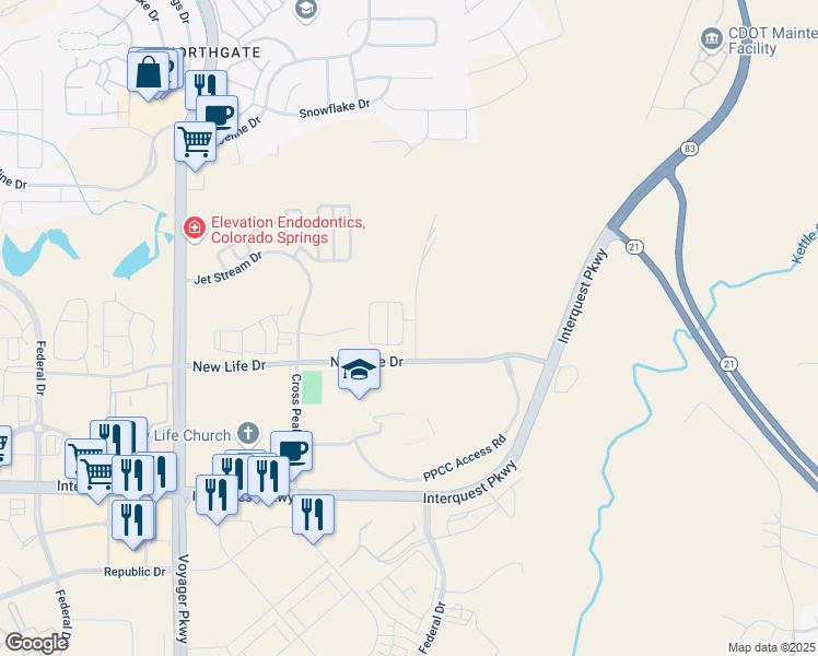 map of restaurants, bars, coffee shops, grocery stores, and more near 11487 Rill Point in Colorado Springs