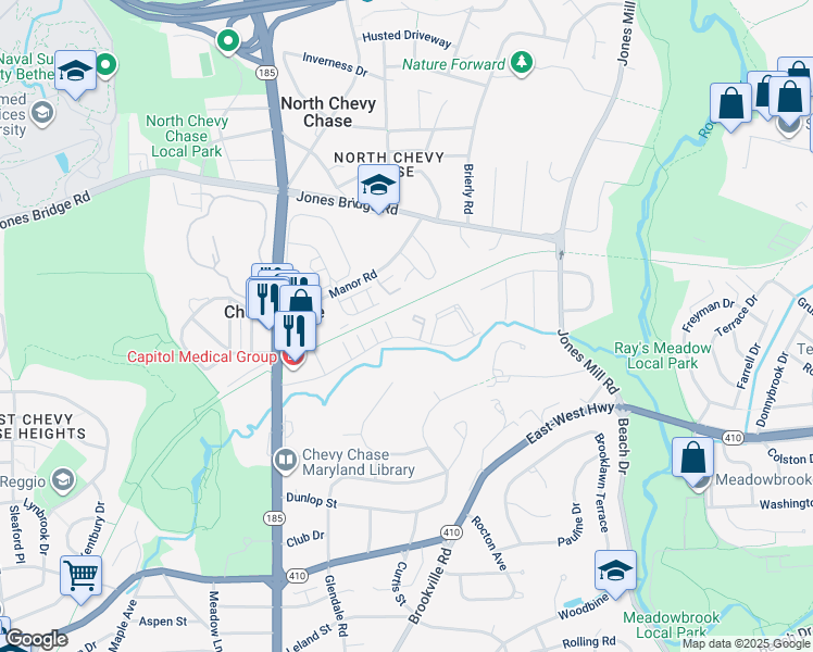 map of restaurants, bars, coffee shops, grocery stores, and more near 3535 Chevy Chase Lake Drive in Chevy Chase