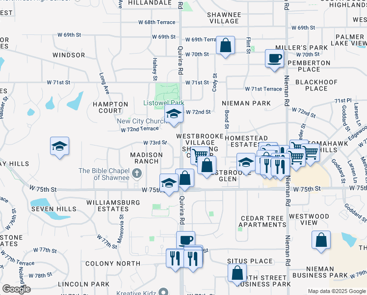 map of restaurants, bars, coffee shops, grocery stores, and more near 7349 Quivira Road in Shawnee