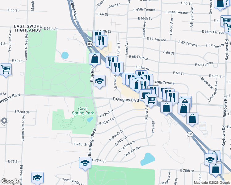 map of restaurants, bars, coffee shops, grocery stores, and more near 7028 Hunter Street in Raytown