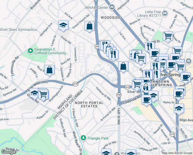 map of restaurants, bars, coffee shops, grocery stores, and more near 1826 East-West Highway in Silver Spring