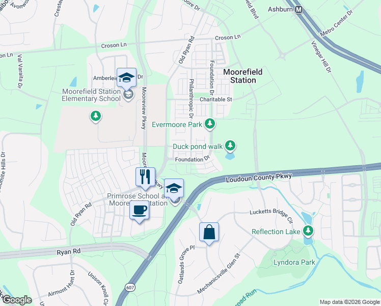 map of restaurants, bars, coffee shops, grocery stores, and more near 22455 Philanthropic Drive in Ashburn