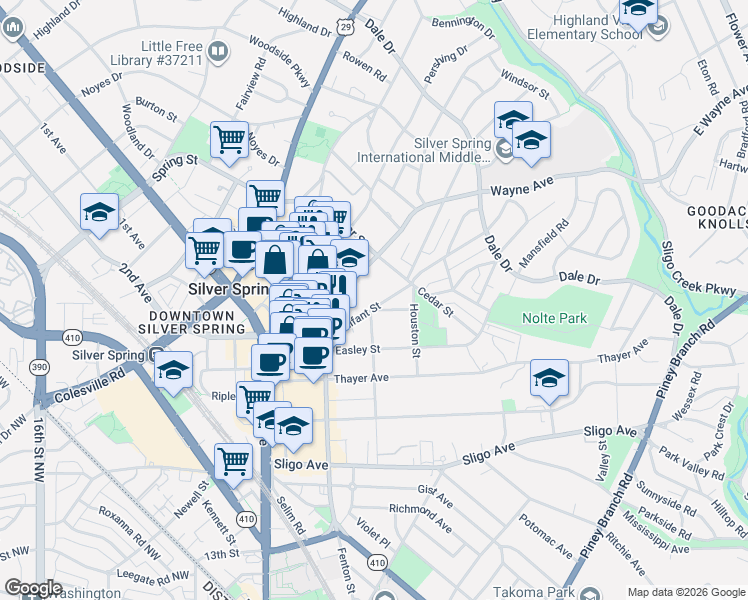 map of restaurants, bars, coffee shops, grocery stores, and more near 815 Bonifant Street in Silver Spring