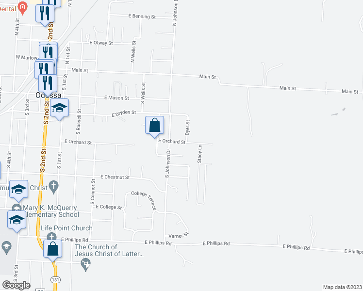 map of restaurants, bars, coffee shops, grocery stores, and more near 510 East Orchard Street in Odessa