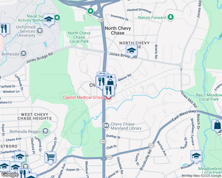 map of restaurants, bars, coffee shops, grocery stores, and more near 8531 Connecticut Avenue in Chevy Chase