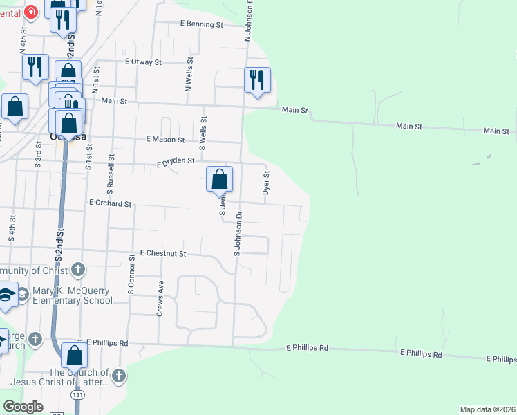 map of restaurants, bars, coffee shops, grocery stores, and more near 510 East Orchard Street in Odessa