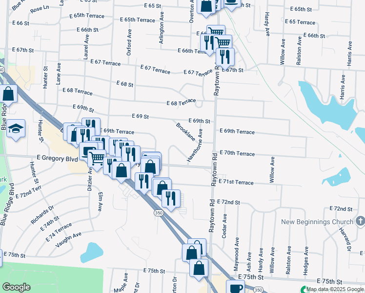map of restaurants, bars, coffee shops, grocery stores, and more near 9708 Rice Ave in Raytown