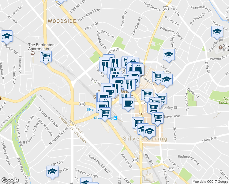 map of restaurants, bars, coffee shops, grocery stores, and more near 1203 Fidler Lane in Silver Spring