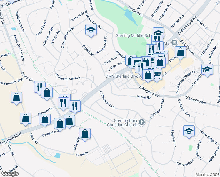 map of restaurants, bars, coffee shops, grocery stores, and more near 102 East Poplar Road in Sterling