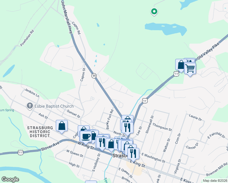map of restaurants, bars, coffee shops, grocery stores, and more near 410 Pendleton Lane in Strasburg