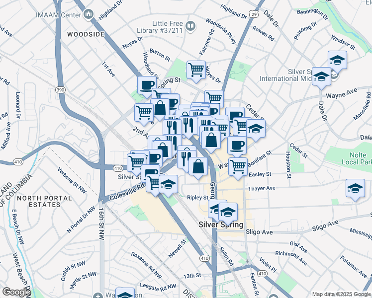 map of restaurants, bars, coffee shops, grocery stores, and more near 8463 Colesville Road in Silver Spring