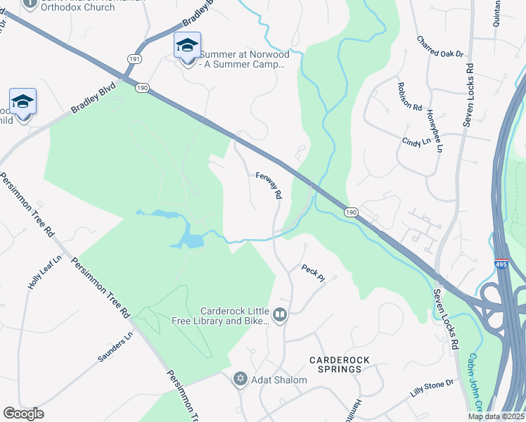 map of restaurants, bars, coffee shops, grocery stores, and more near 8601 Fenway Drive in Bethesda