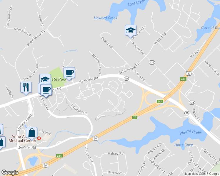 map of restaurants, bars, coffee shops, grocery stores, and more near 607 Howards Loop in Annapolis