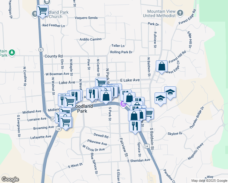 map of restaurants, bars, coffee shops, grocery stores, and more near 120 East Henrietta Avenue in Woodland Park