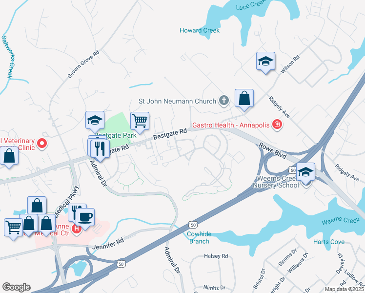 map of restaurants, bars, coffee shops, grocery stores, and more near 2005 Compton Court in Annapolis