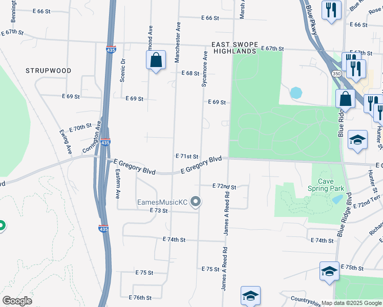 map of restaurants, bars, coffee shops, grocery stores, and more near 7811 East 71st Street in Kansas City