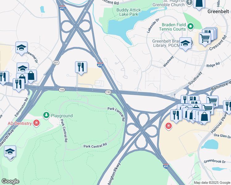 map of restaurants, bars, coffee shops, grocery stores, and more near Greenbelt Road in Greenbelt