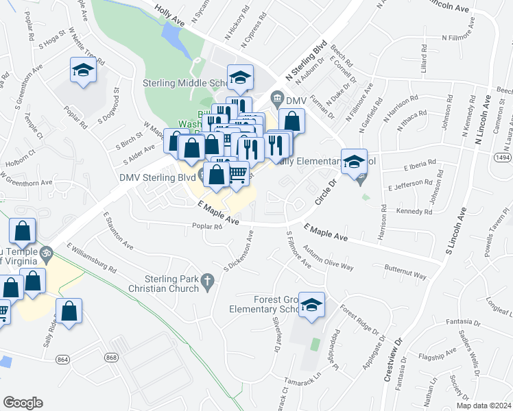 map of restaurants, bars, coffee shops, grocery stores, and more near 26 Essex Square in Sterling