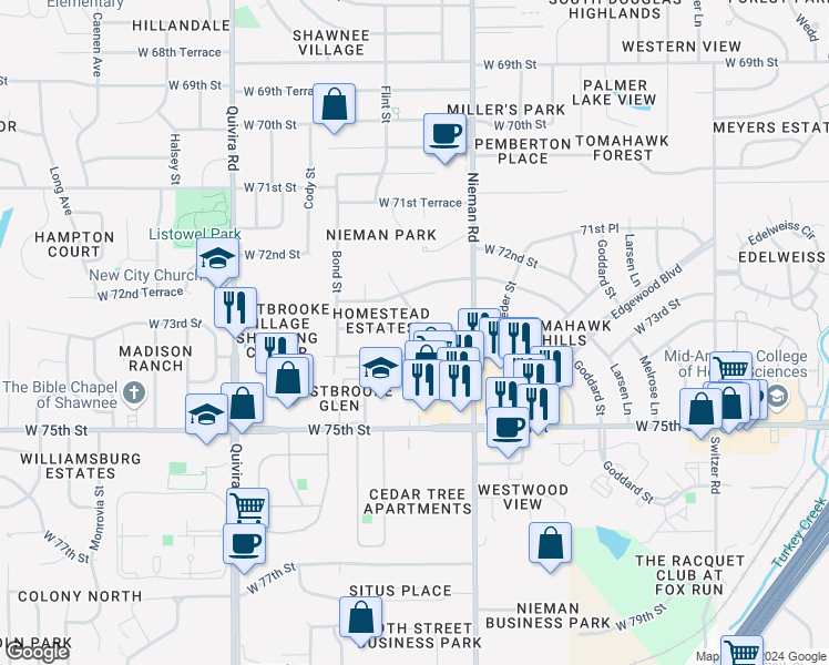 map of restaurants, bars, coffee shops, grocery stores, and more near 7310 Flint Drive in Shawnee